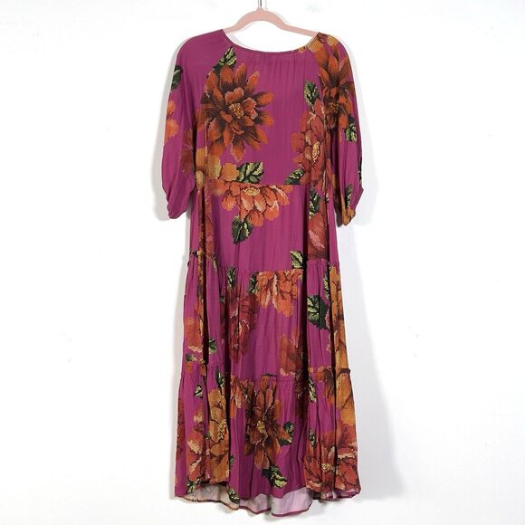 Farm Rio Tiered Midi Dress Womens Sz P (Small) Pink Floral Puff Sleeve - Picture 5 of 11